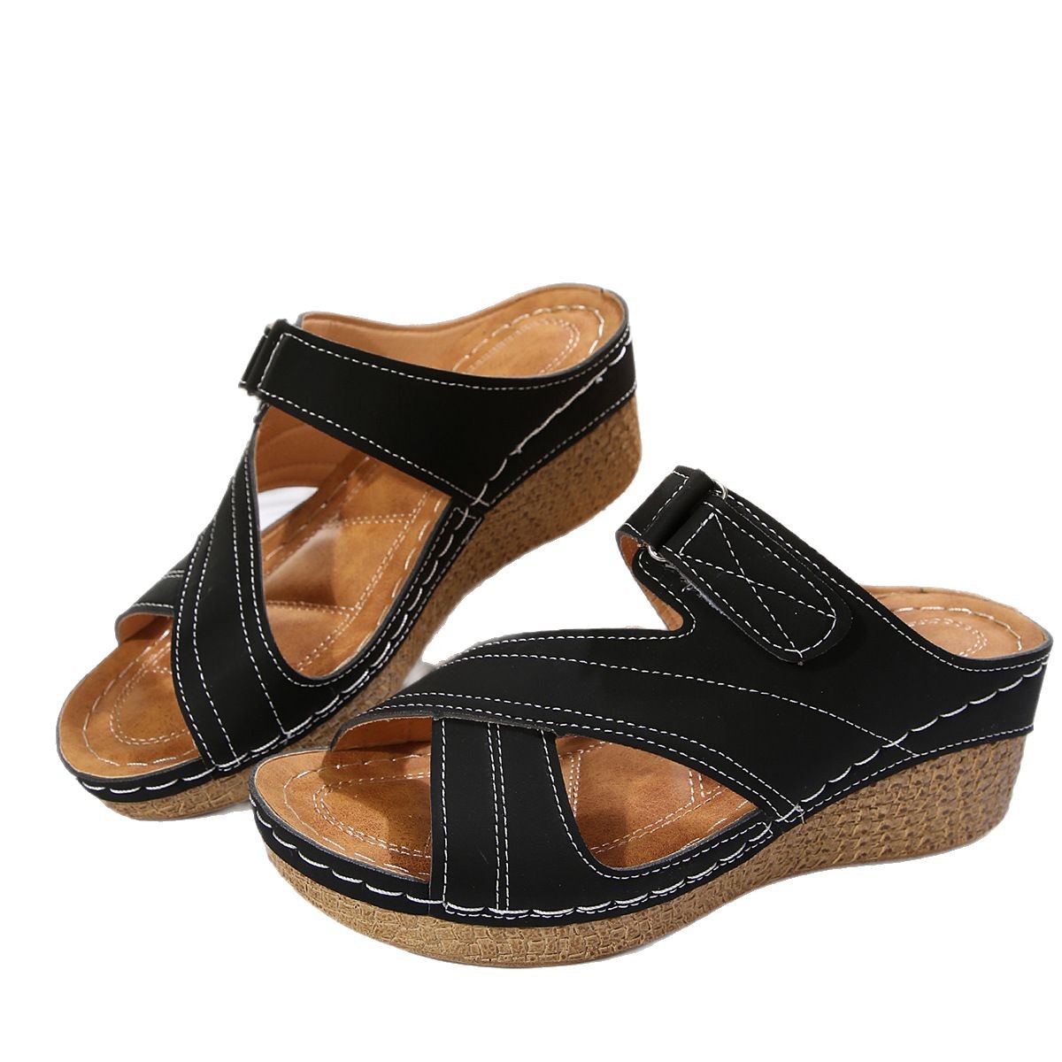 Sewing Line Lightweight Wedge Velcro Shoes
